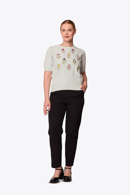 Viola Embroidered Diamond Knit Mint Top