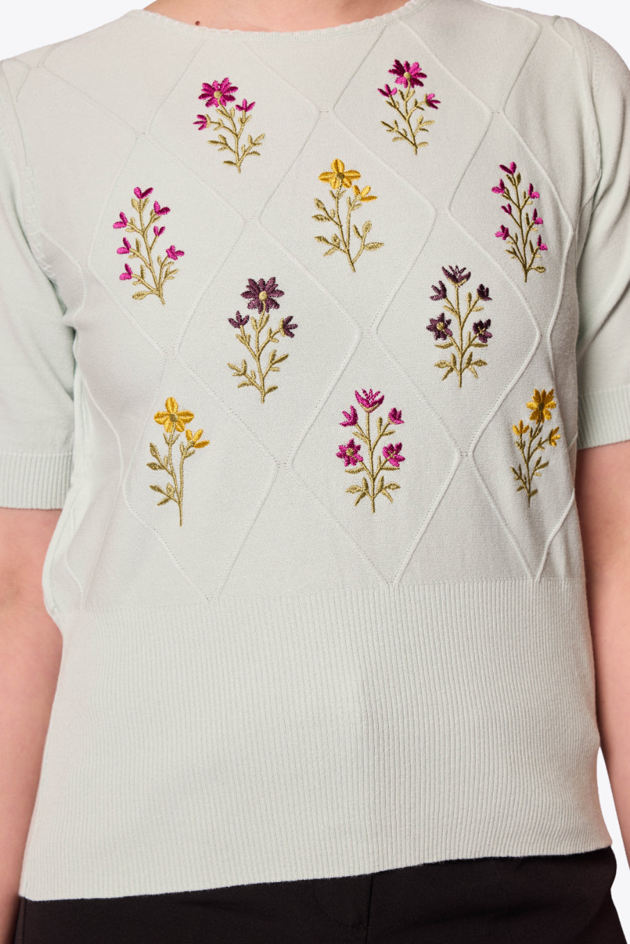 Viola Embroidered Diamond Knit Mint Top
