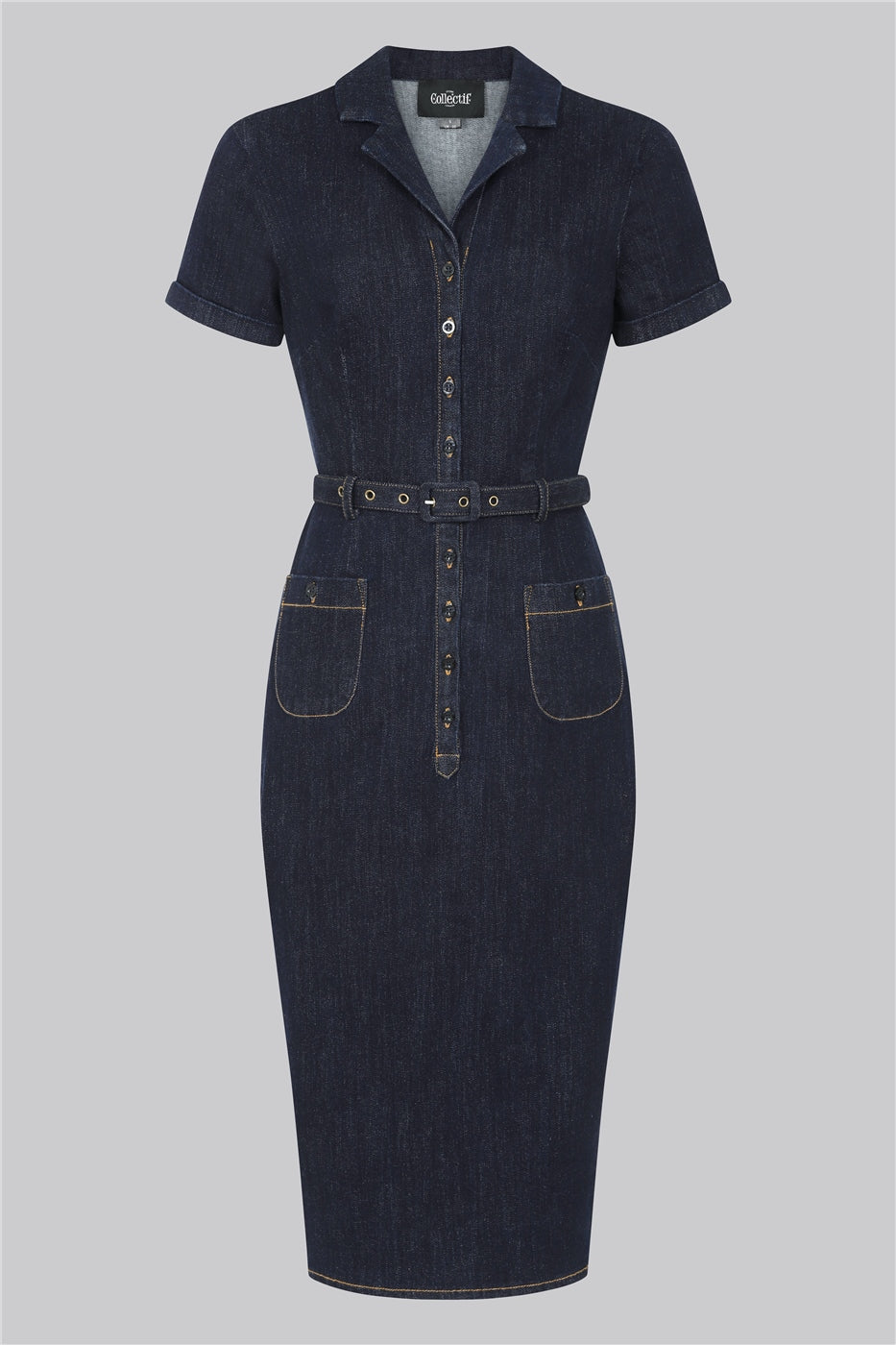 COLLECTIF Caterina Denim Pencil Dress for Women, Navy, UK8 COLLECTIF Caterina Denim Pencil Dress for Women, Navy, UK8