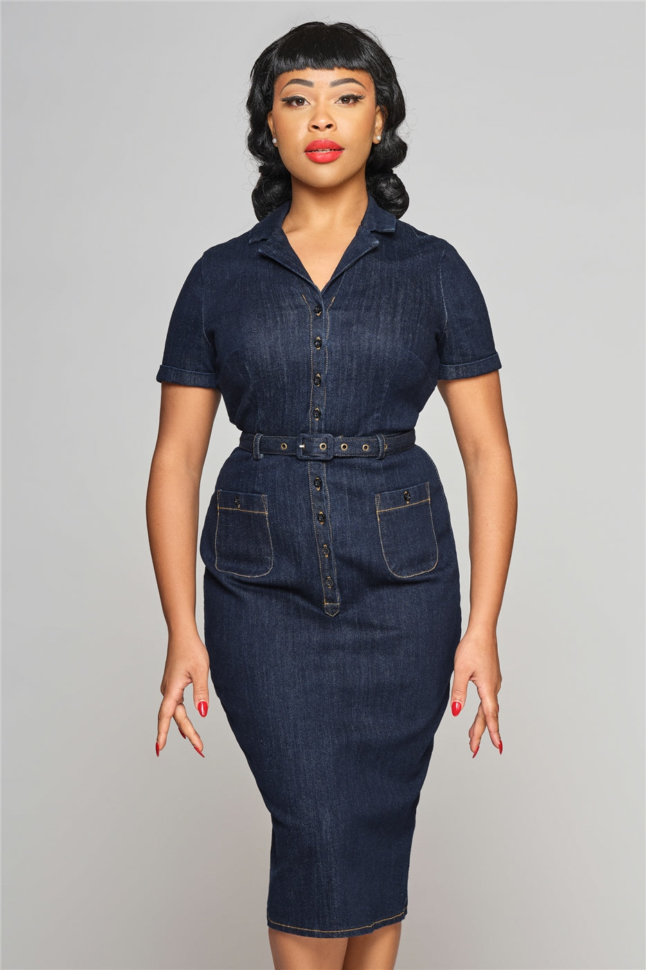 denim pencil dress ECDAHICC Women's Half Sleeve Bodycon 1/2 Button Placket Midi Denim Dress with Pocket Workwear Midi Dress(BE,S) at Amazon Women's Clothing store Tailored through the body Structured yet fluid silhouette Designed to contour the waist and elongate the figure Model wears size XS Indigo Denim Midi Dress