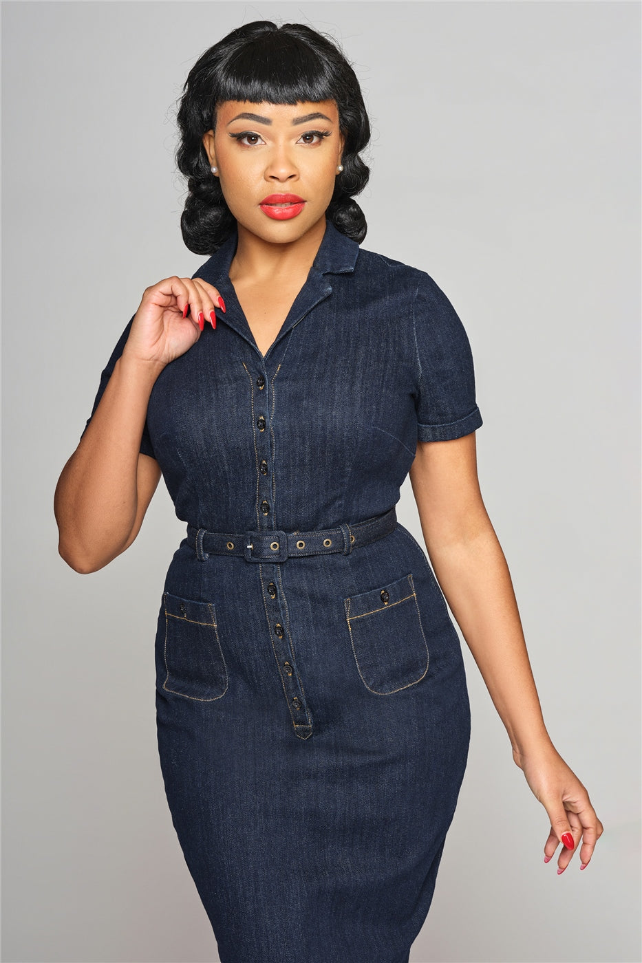 Collectif Caterina Denim Pencil Dress for Women, Navy, UK8