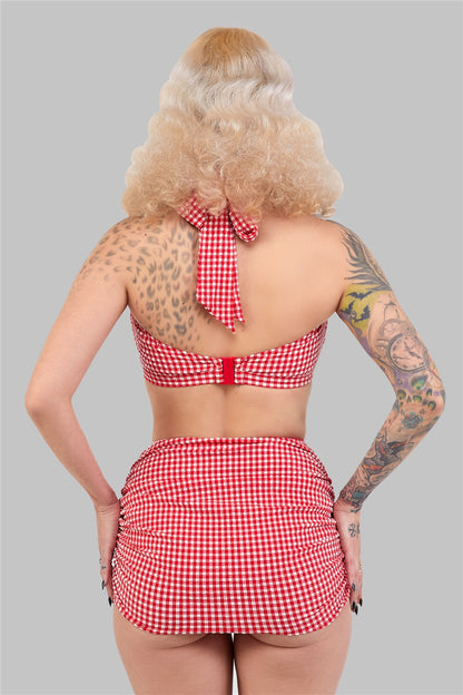 Retro ruched gingham girdle swim skirt