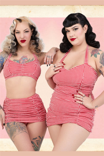 Retro ruched gingham girdle swim skirt