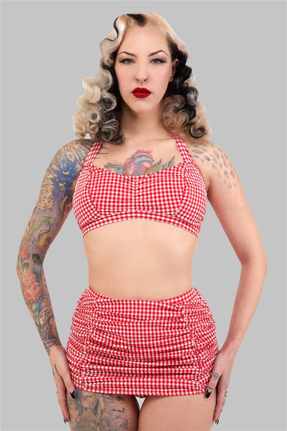 Retro ruched gingham girdle swim skirt