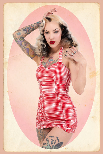 Retro Ruched Gingham Halter Swimsuit