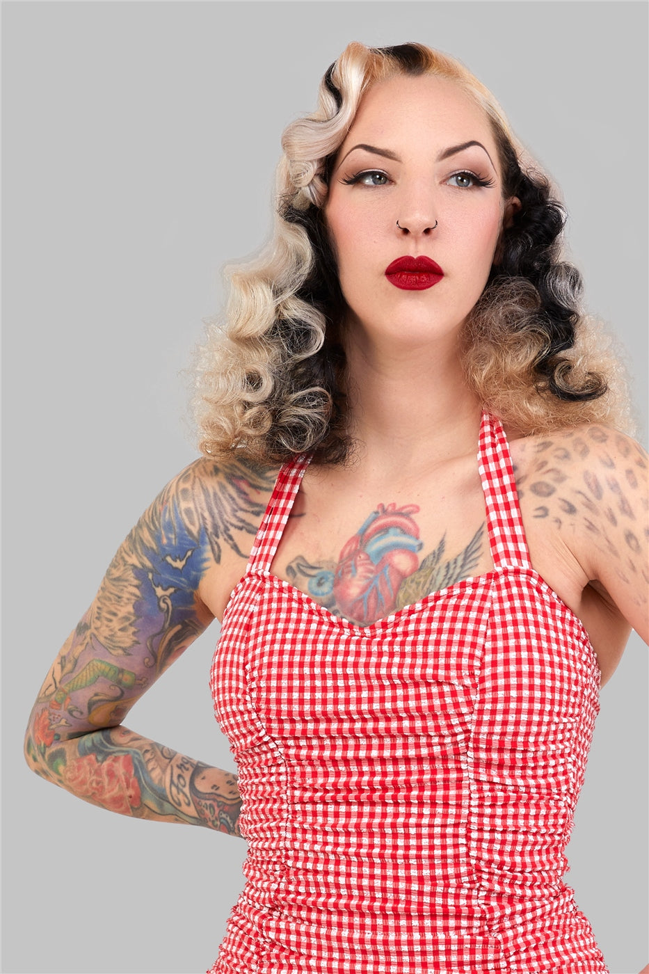 Retro Ruched Gingham Halter Swimsuit