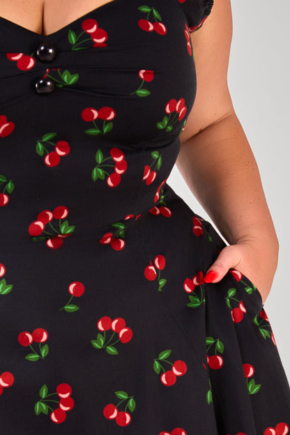 she wore a dress with cherries on it Sweet Girl Cherry Crochet Maxi Dress - Black/combo