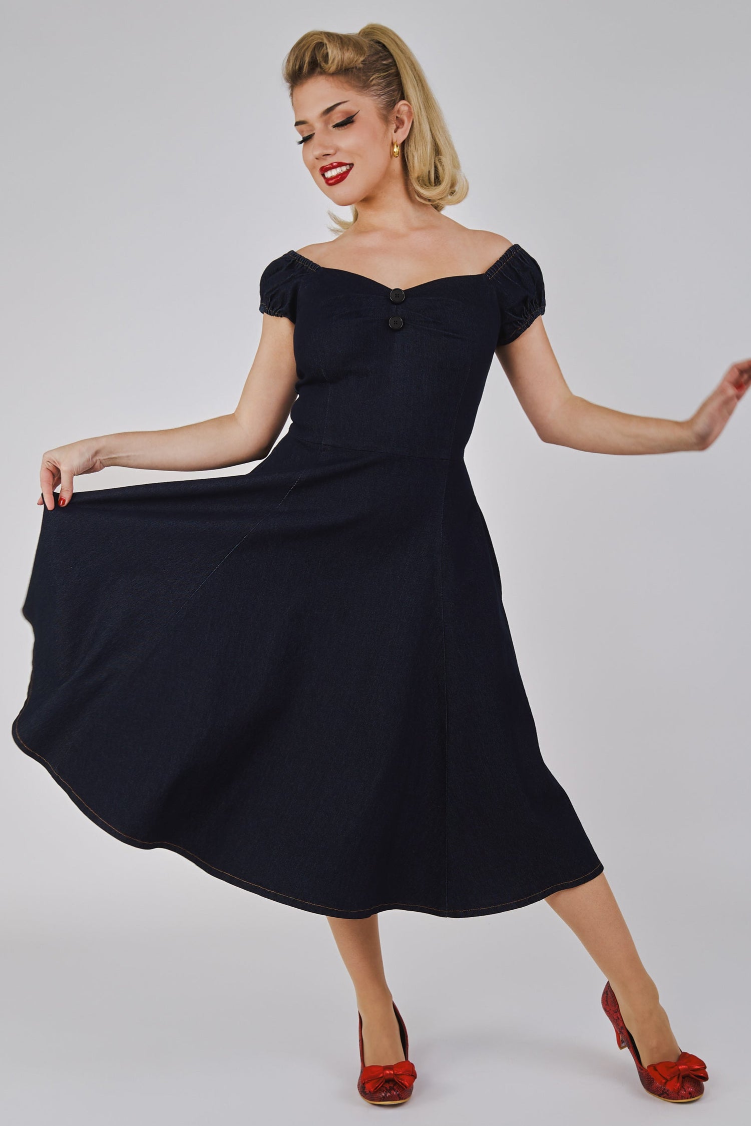 denim puff sleeve swing dress New Haven Puff Sleeve Swing Dress Denim
