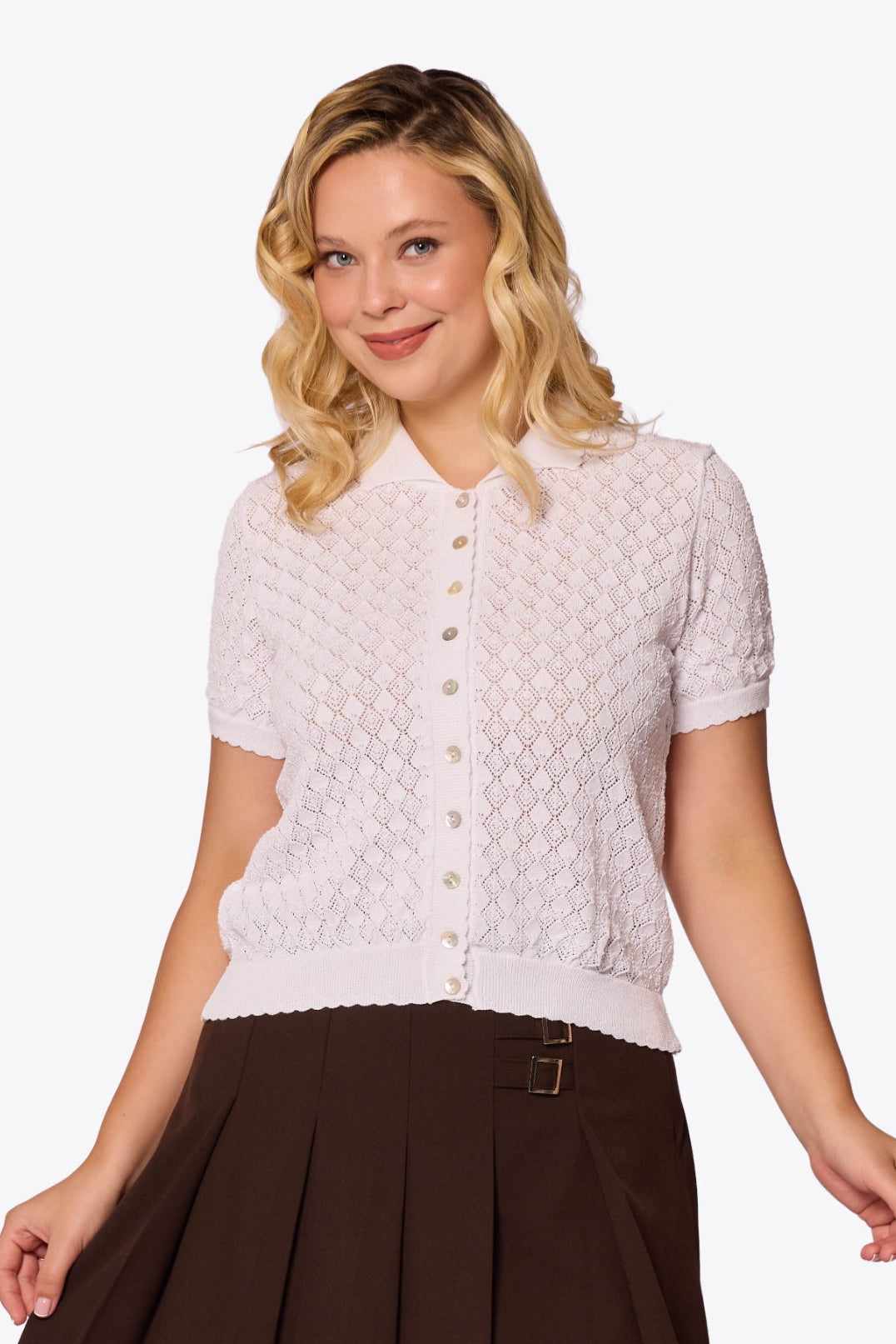 Sylvia Diamond Pointelle Polo White Cardigan