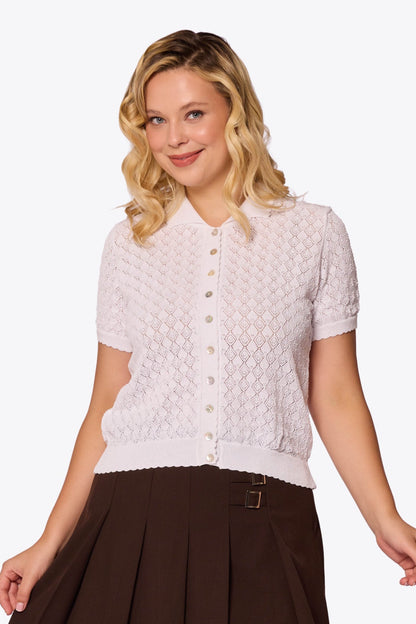 Sylvia Diamond Pointelle Polo White Cardigan