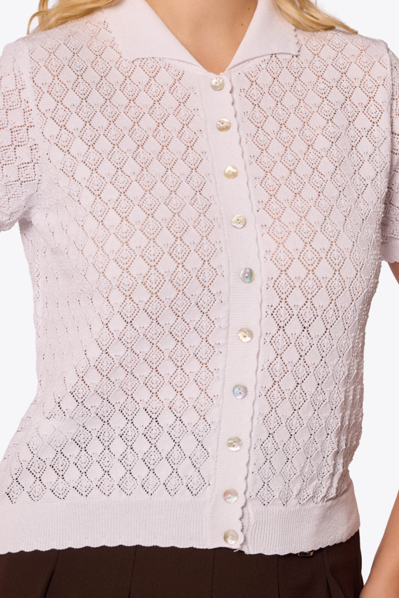 Sylvia Diamond Pointelle Polo White Cardigan