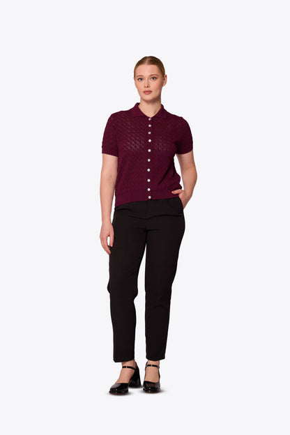 Sylvia Diamond Pointelle Polo Maroon Cardigan
