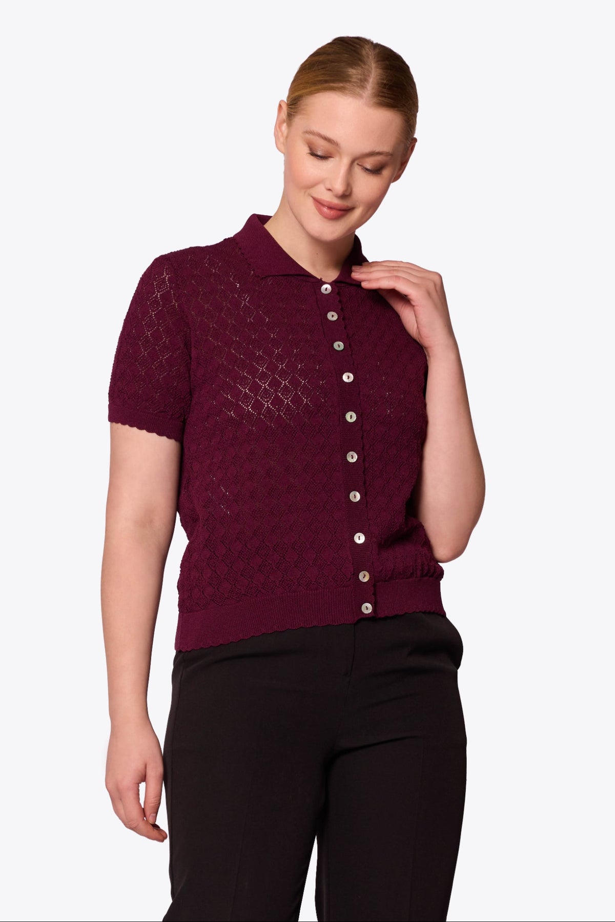 Sylvia Diamond Pointelle Polo Maroon Cardigan