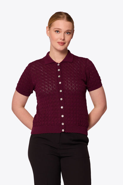 Sylvia Diamond Pointelle Polo Maroon Cardigan