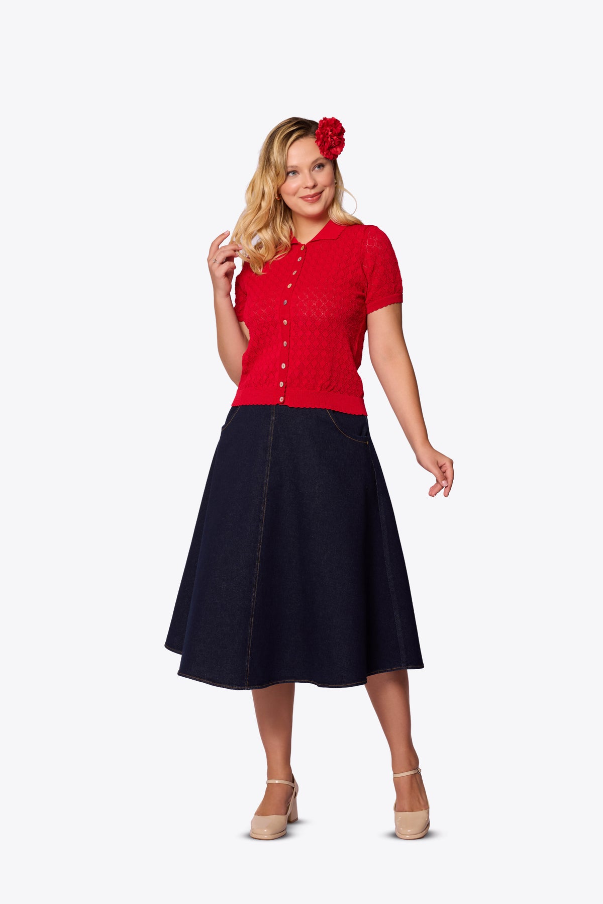 Sylvia Diamond Pointelle Polo Red Cardigan