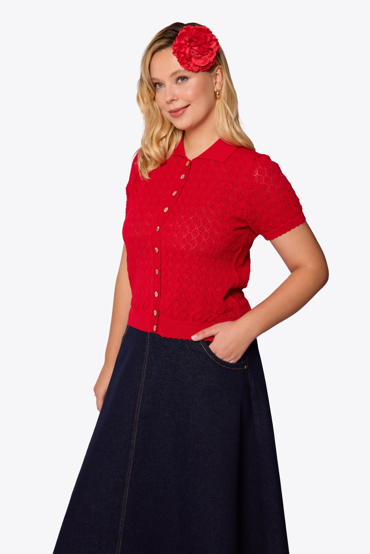 Sylvia Diamond Pointelle Polo Red Cardigan