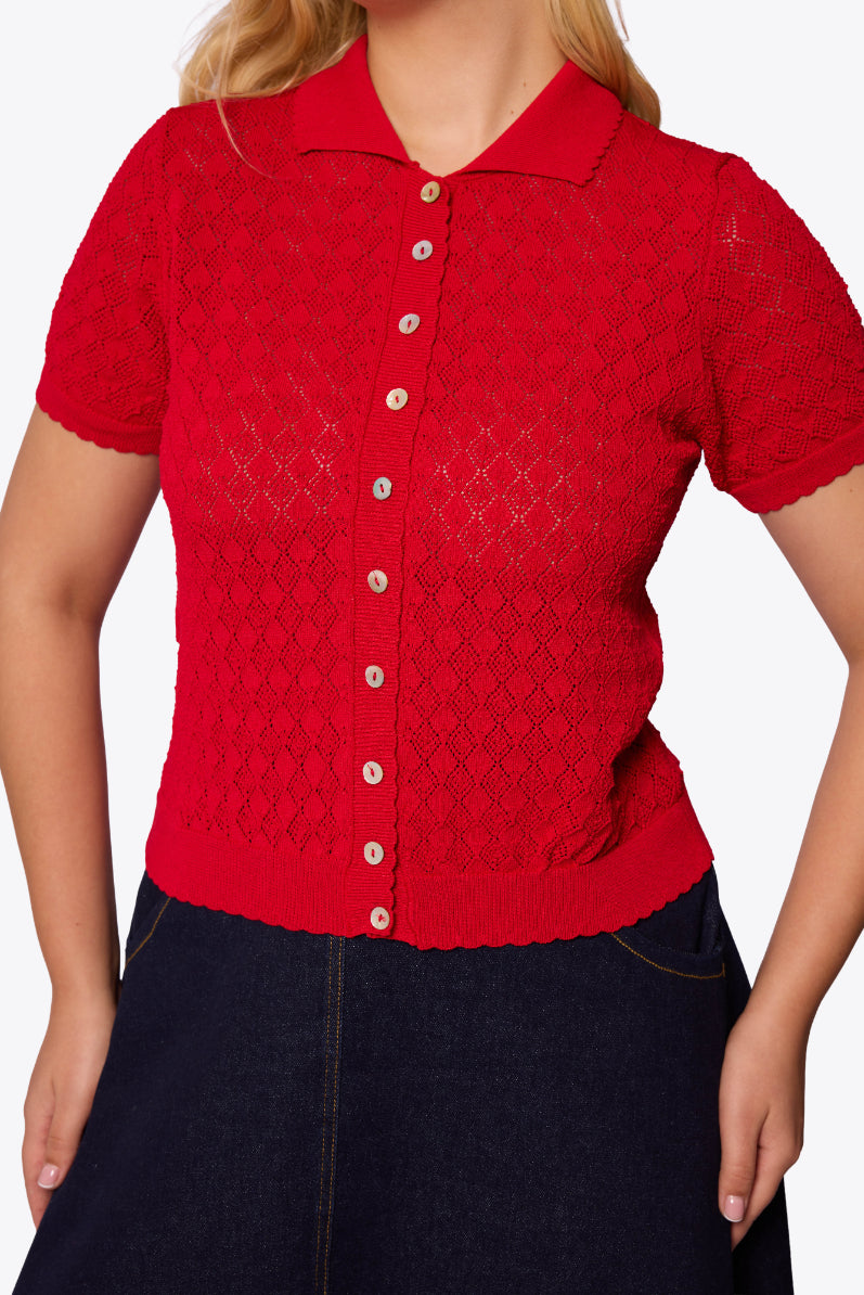 Sylvia Diamond Pointelle Polo Red Cardigan