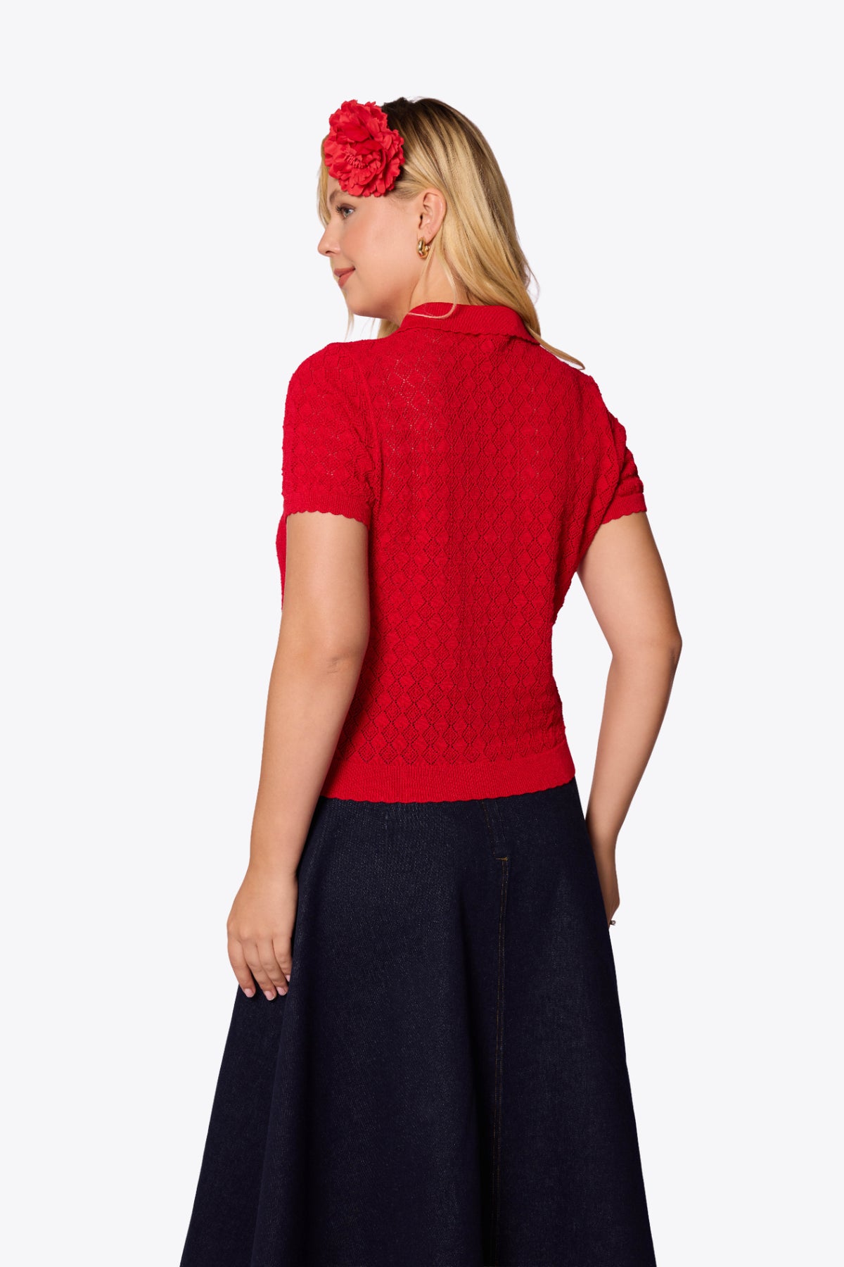 Sylvia Diamond Pointelle Polo Red Cardigan