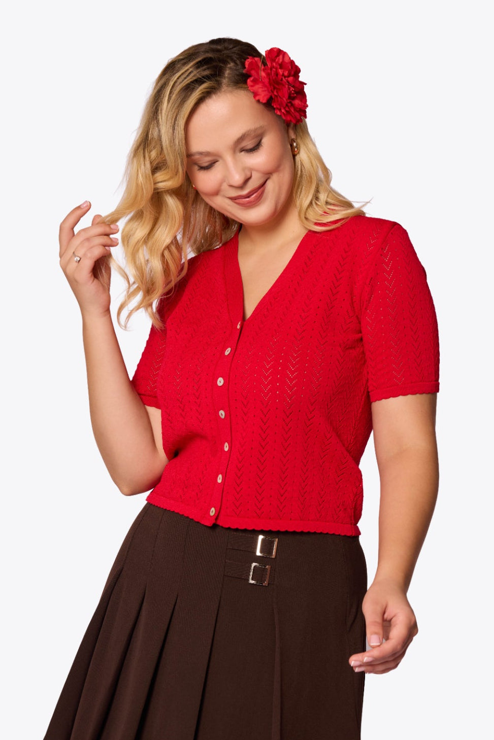 Iris Chevron Pointelle Red Cardigan