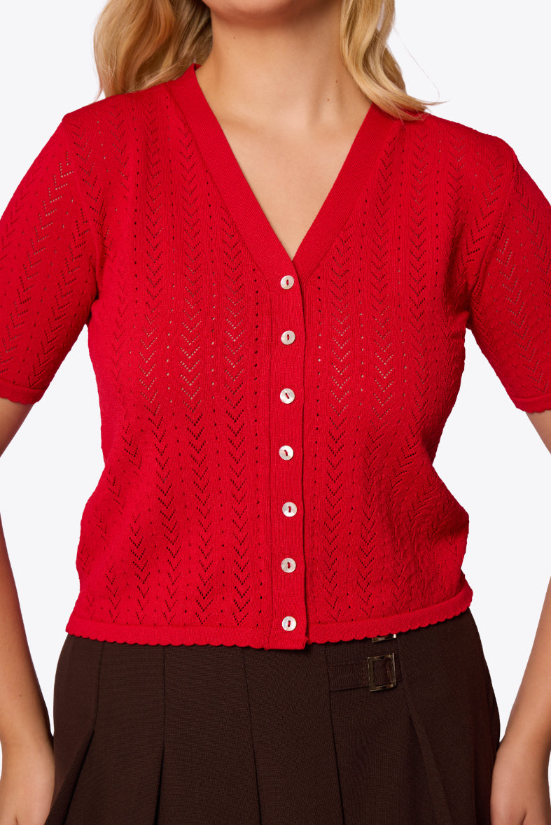 Iris Chevron Pointelle Red Cardigan