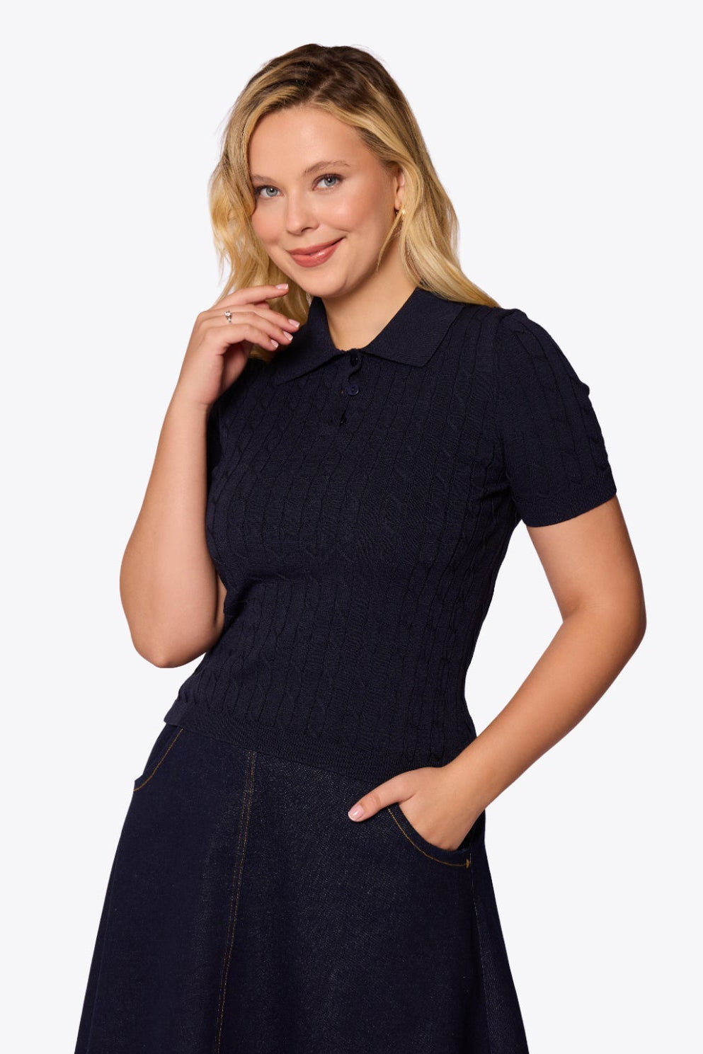 Mabel Cable Polo Navy Knit