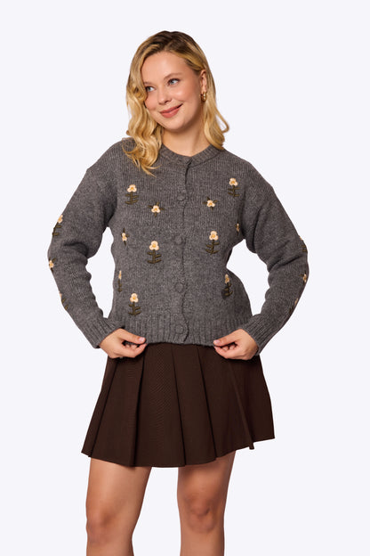 Daisy Embroidered Knit Grey Cardigan
