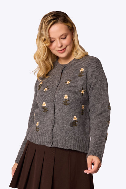 Daisy Embroidered Knit Grey Cardigan