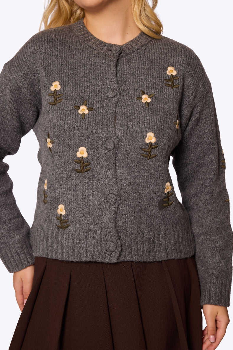 Daisy Embroidered Knit Grey Cardigan