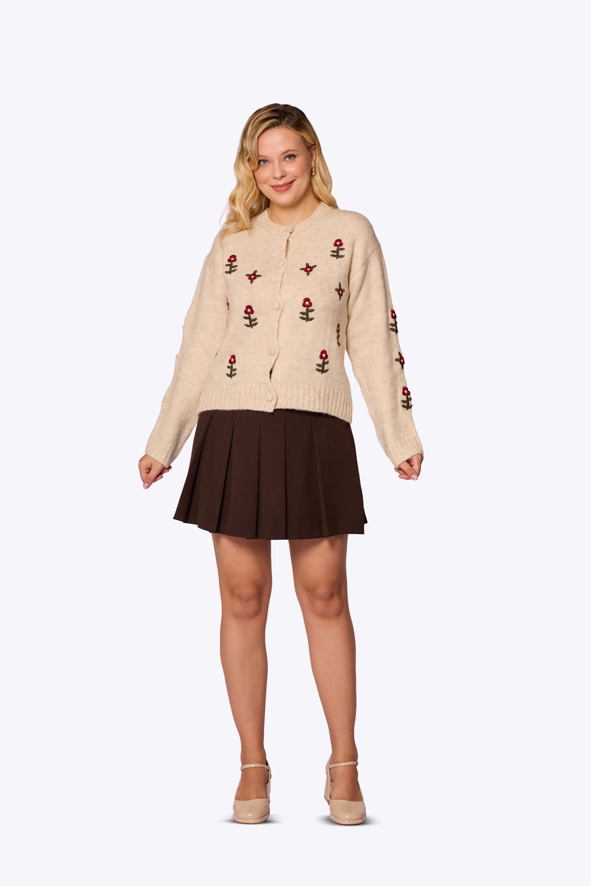 Daisy Embroidered Knit Beige Cardigan