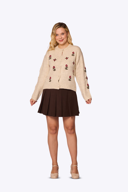 Daisy Embroidered Knit Beige Cardigan