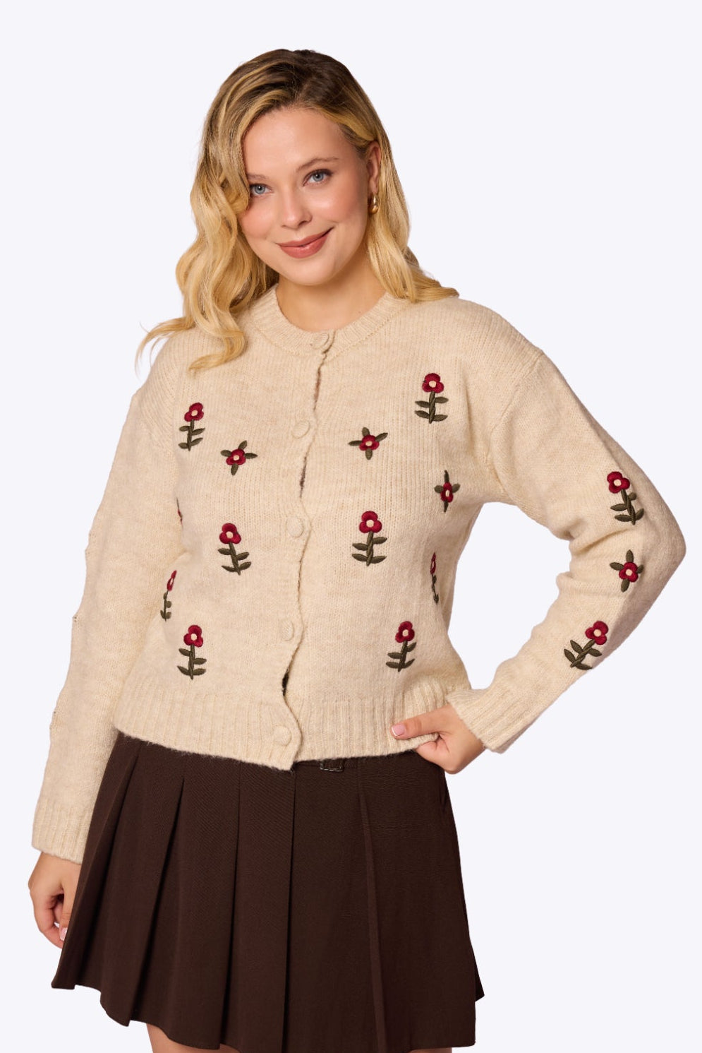 Daisy Embroidered Knit Beige Cardigan