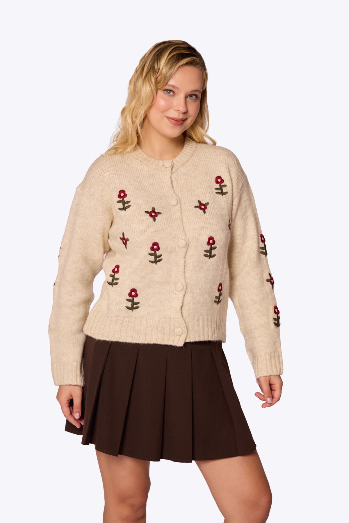 Daisy Embroidered Knit Beige Cardigan