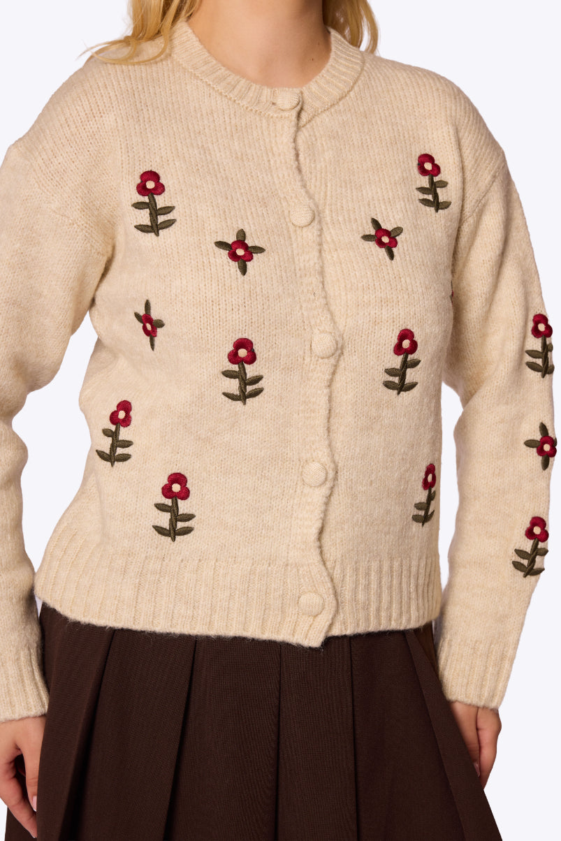 Daisy Embroidered Knit Beige Cardigan