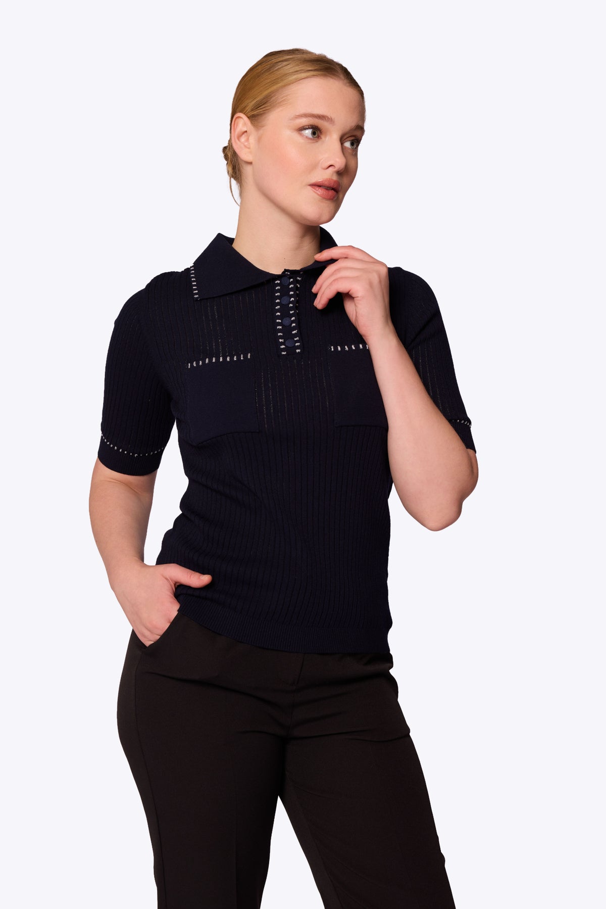 Peggy Stitch Pocket Polo Navy Top