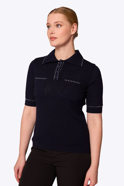 Peggy Stitch Pocket Polo Navy Top