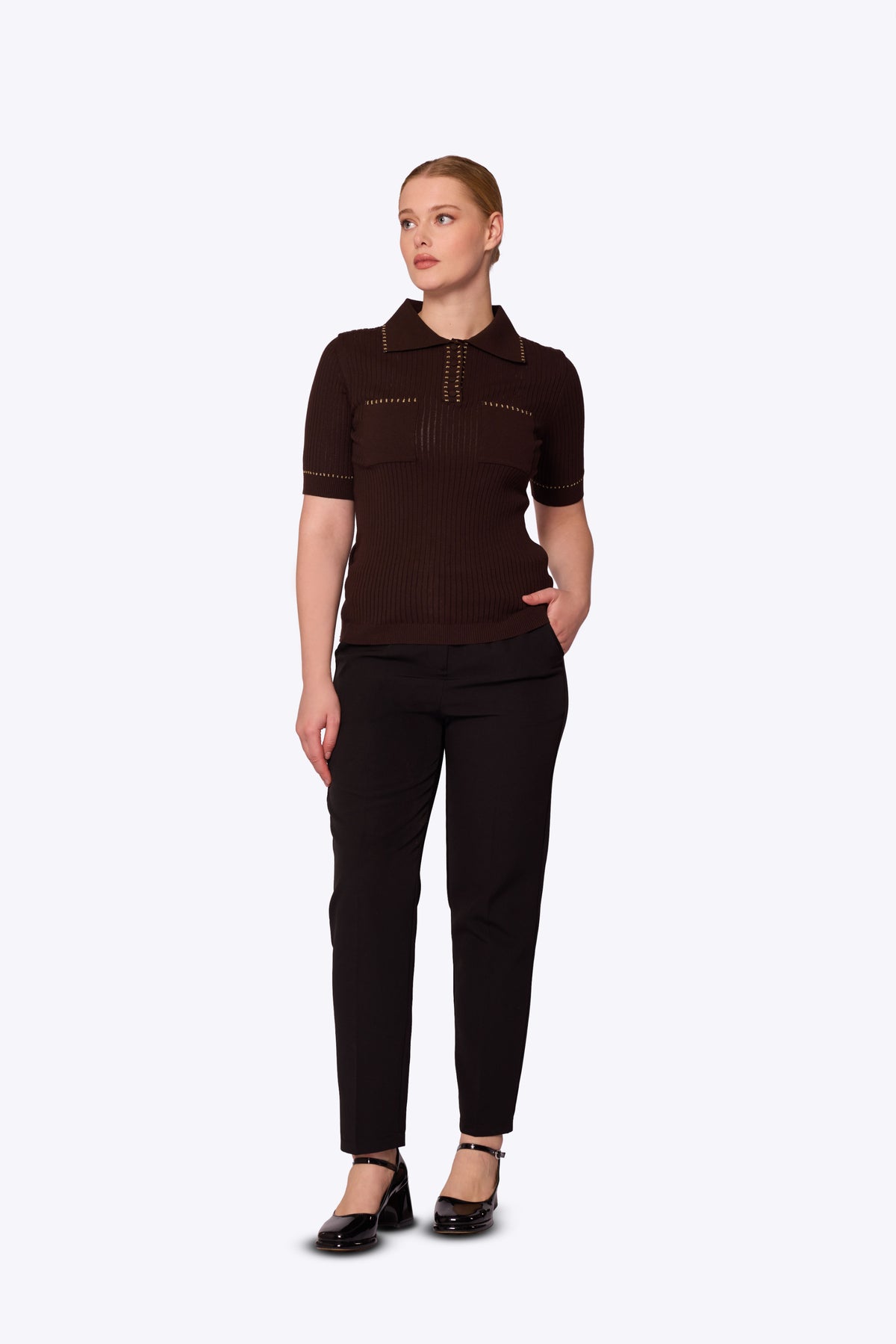 Peggy Stitch Pocket Polo Brown Top