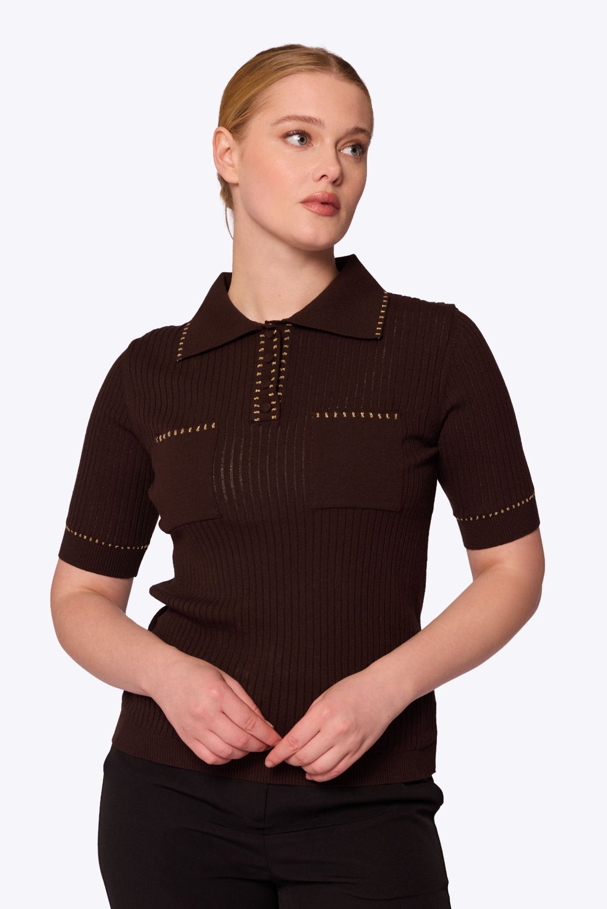 Peggy Stitch Pocket Polo Brown Top