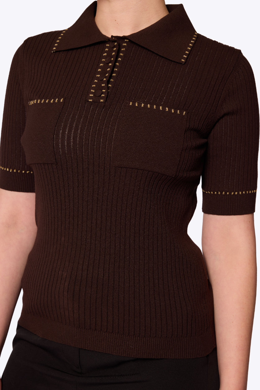 Peggy Stitch Pocket Polo Brown Top