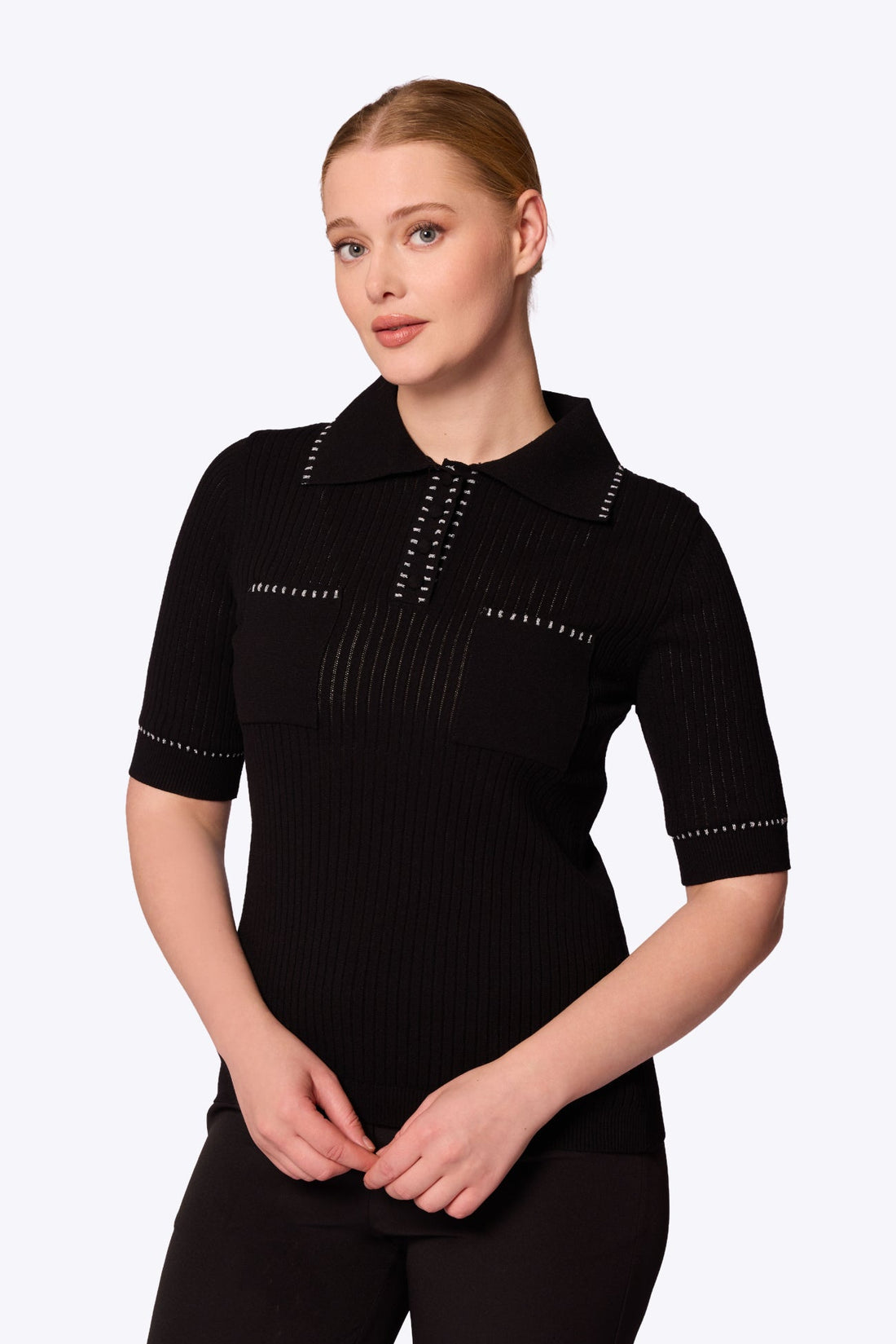 Peggy Stitch Pocket Polo Black Top