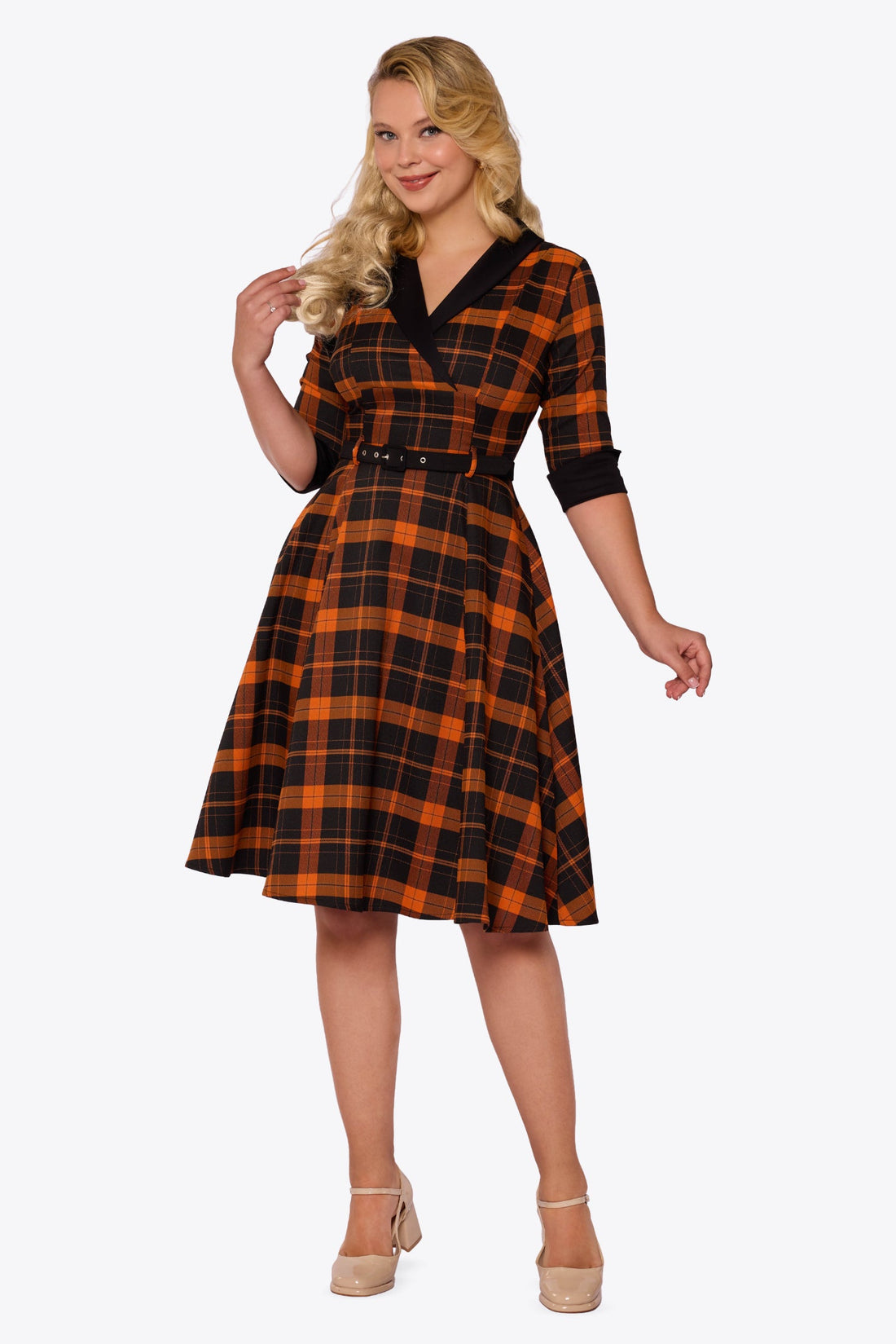 Margaret Pumpkin Check Flared Dress