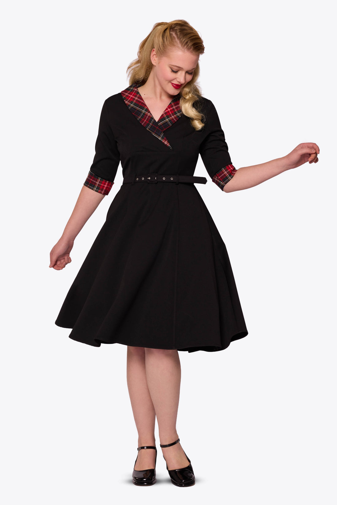 Margaret Plain Swing With Tartan Trim Dress