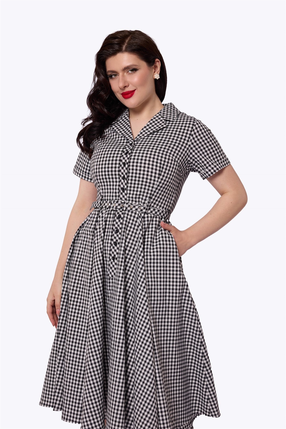 women's black and white gingham dress Caterina Swing Black / UK 20 100% cotton Black Cotton Puff Sleeve Cathedral Train Size:13-13,5 US / 46