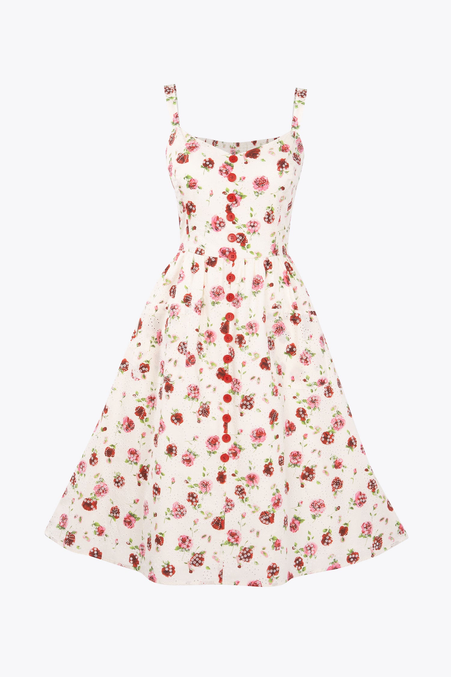 Collectif Women's Cream Broderie Swing Dress, UK 20, Red Roses Print