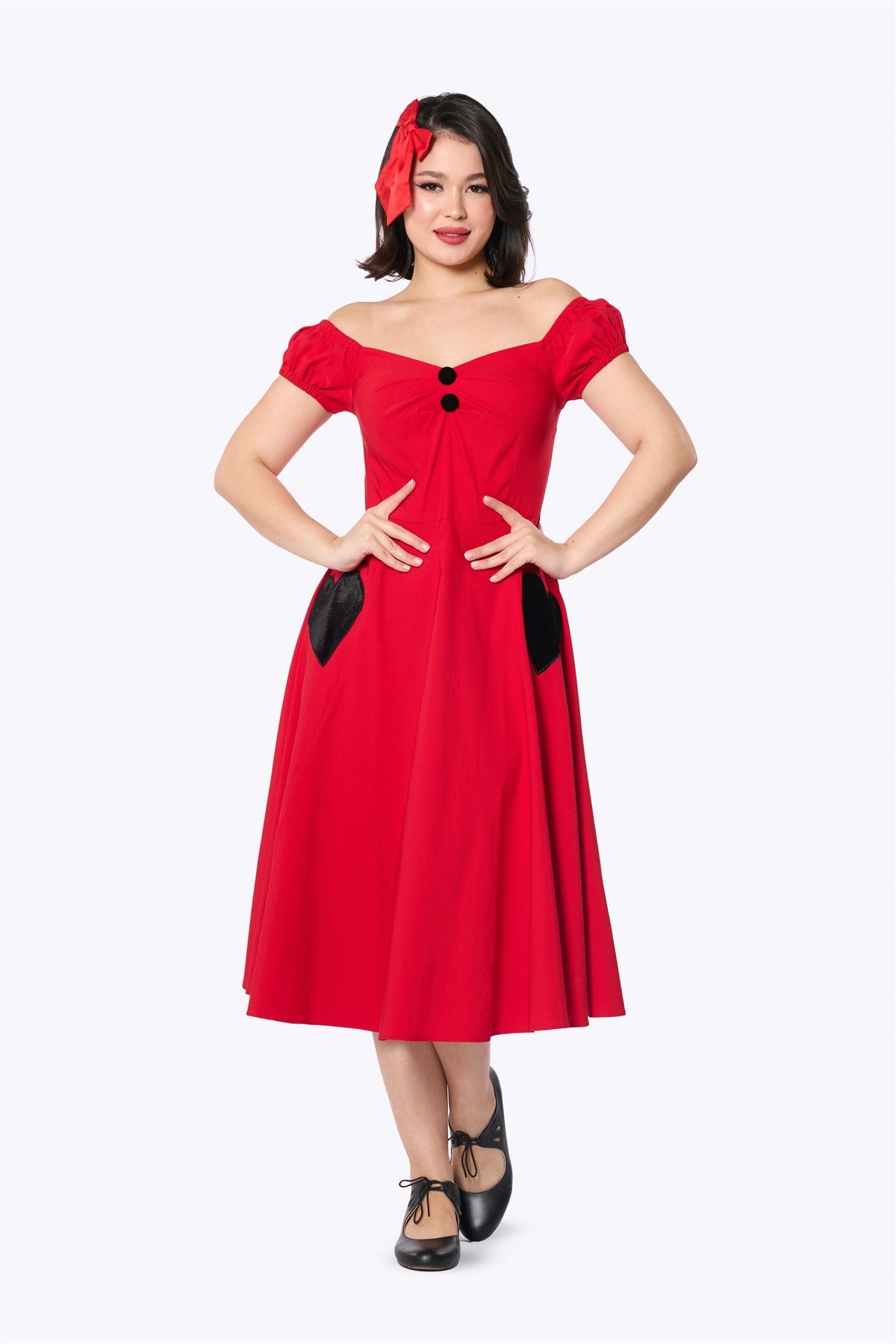 black dress with red hearts Collectif Female Classic Dolores Velvet Heart Detail Dress, Red, UK 14