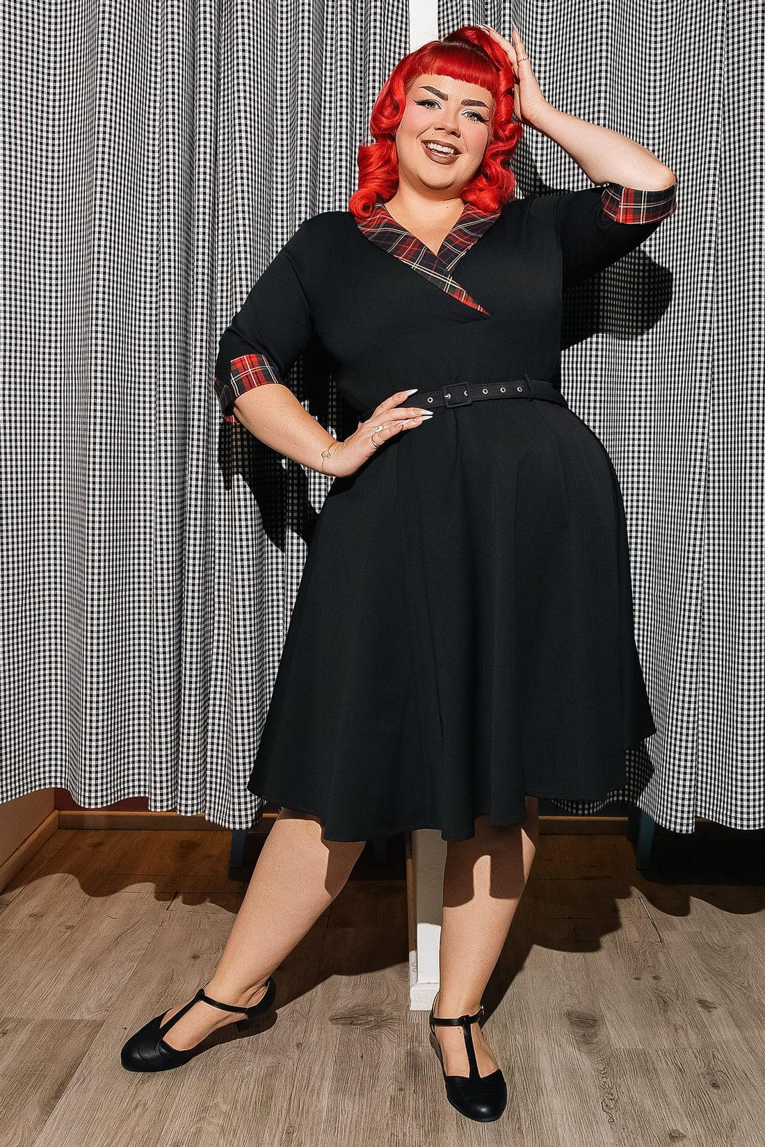 Margaret Plain Swing With Tartan Trim Dress
