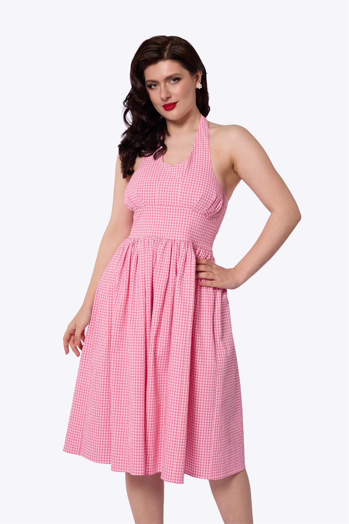 Collectif Honey Pink Gingham Swing Dress, UK20