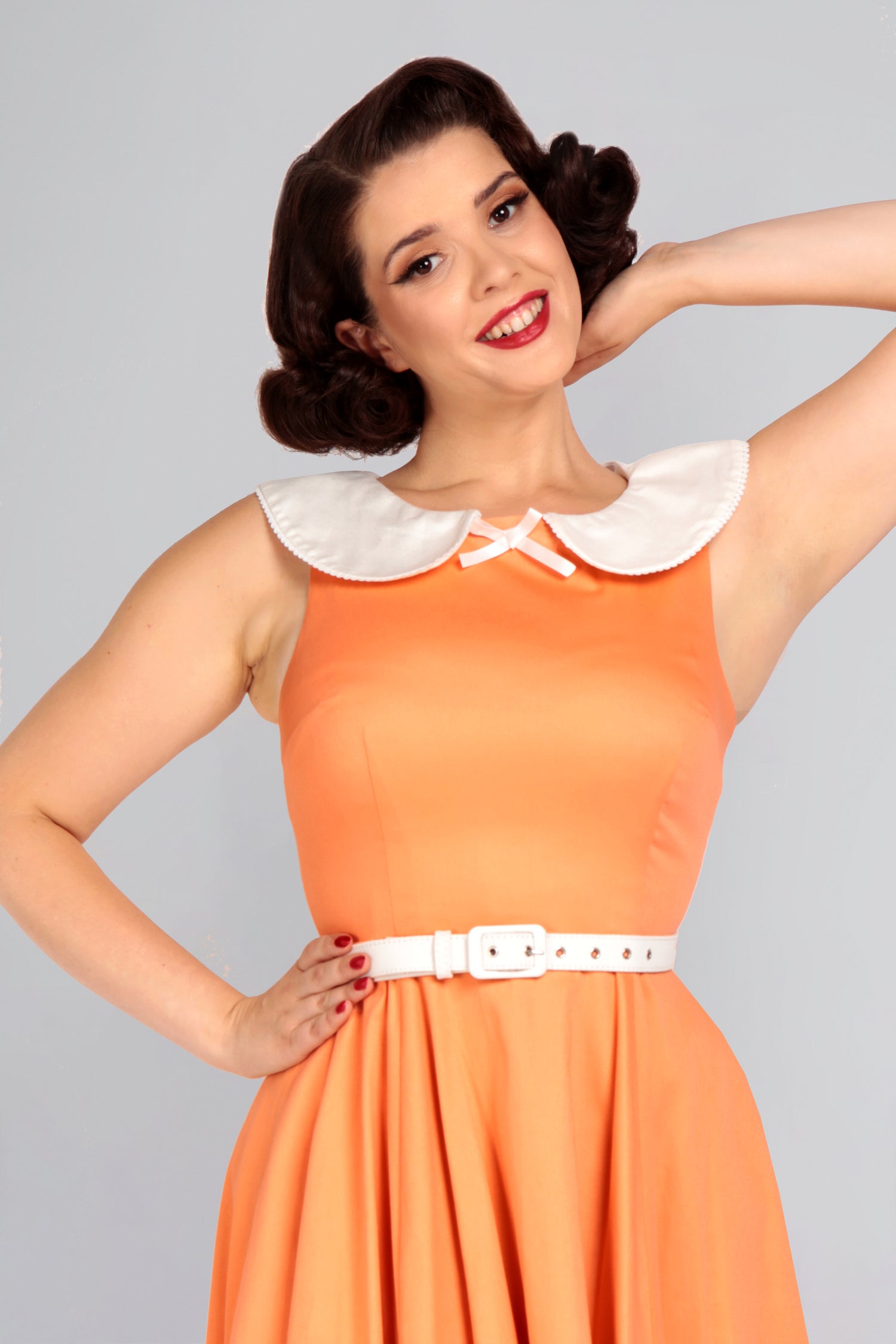 orange dress with white collar Orange Floral High Ruffle Collar V Neck Dress SSYS