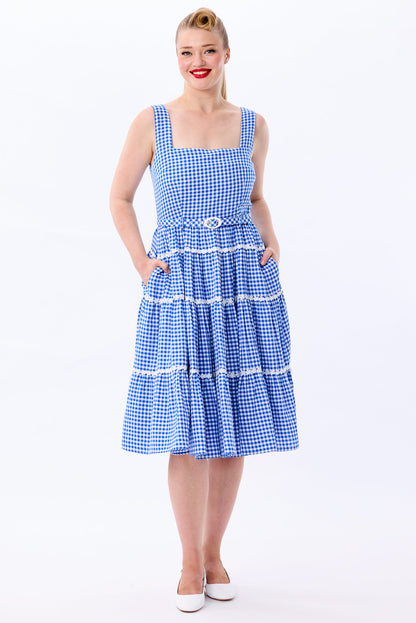 vintage gingham dress Erina Blue Gingham Tiered Dress
