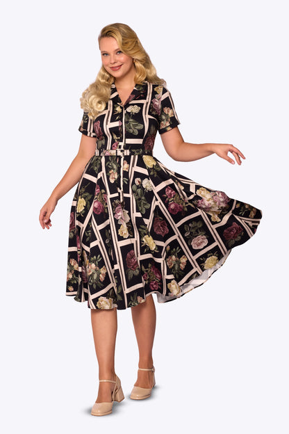Caterina Framed Roses Black Swing Dress