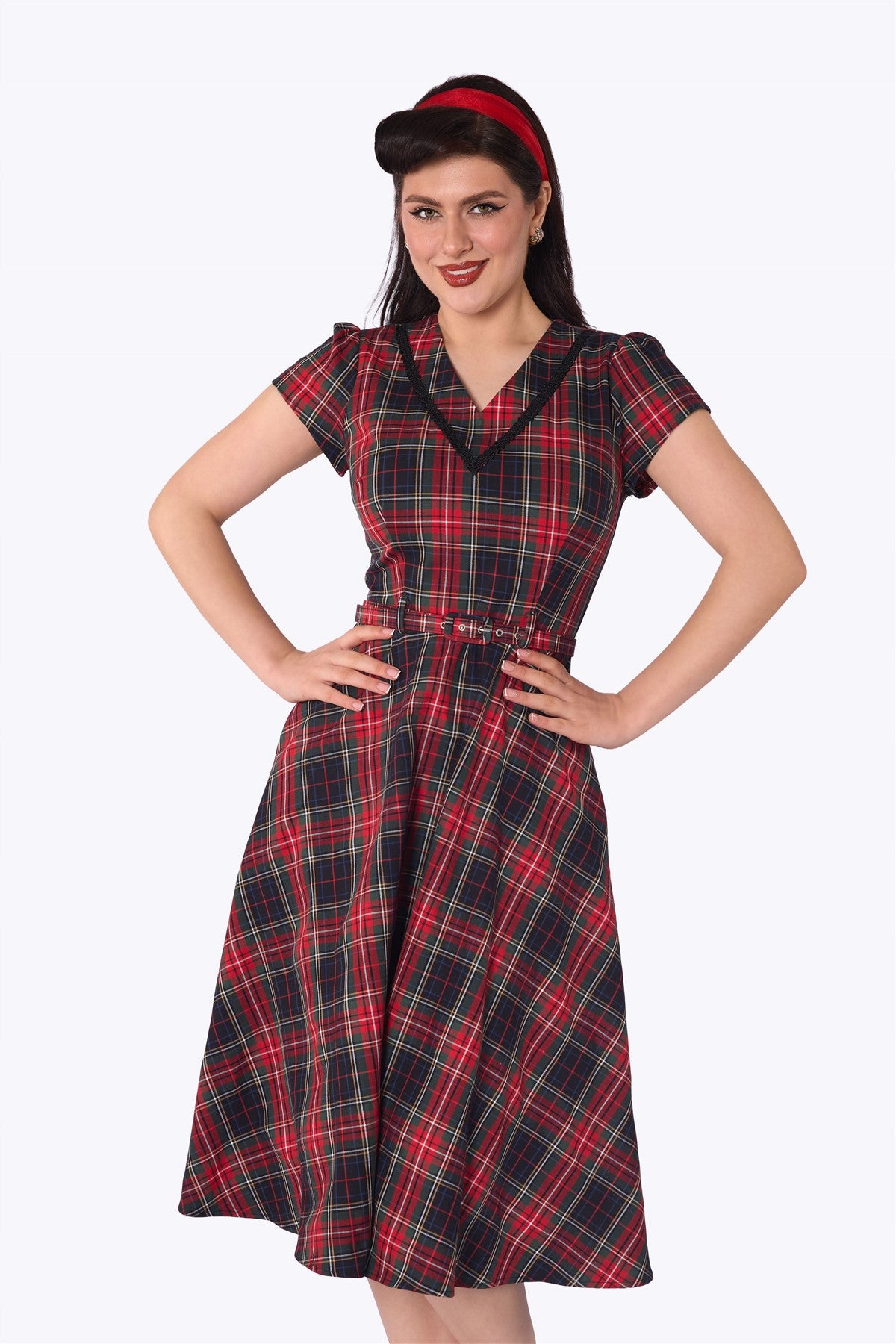 Collectif Women's Red Tartan Check Swing Dress, UK18